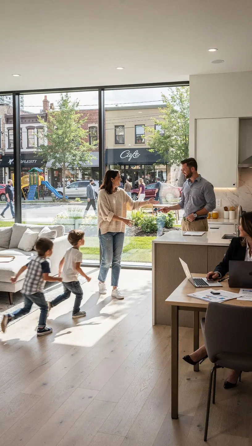 Группа людей на осмотре квартиры, консультирующий риэлтор объясняет преимущества.