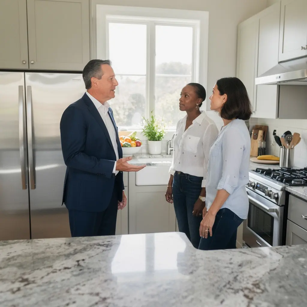 Специалист по недвижимости обсуждает с клиентами детали покупки жилья.