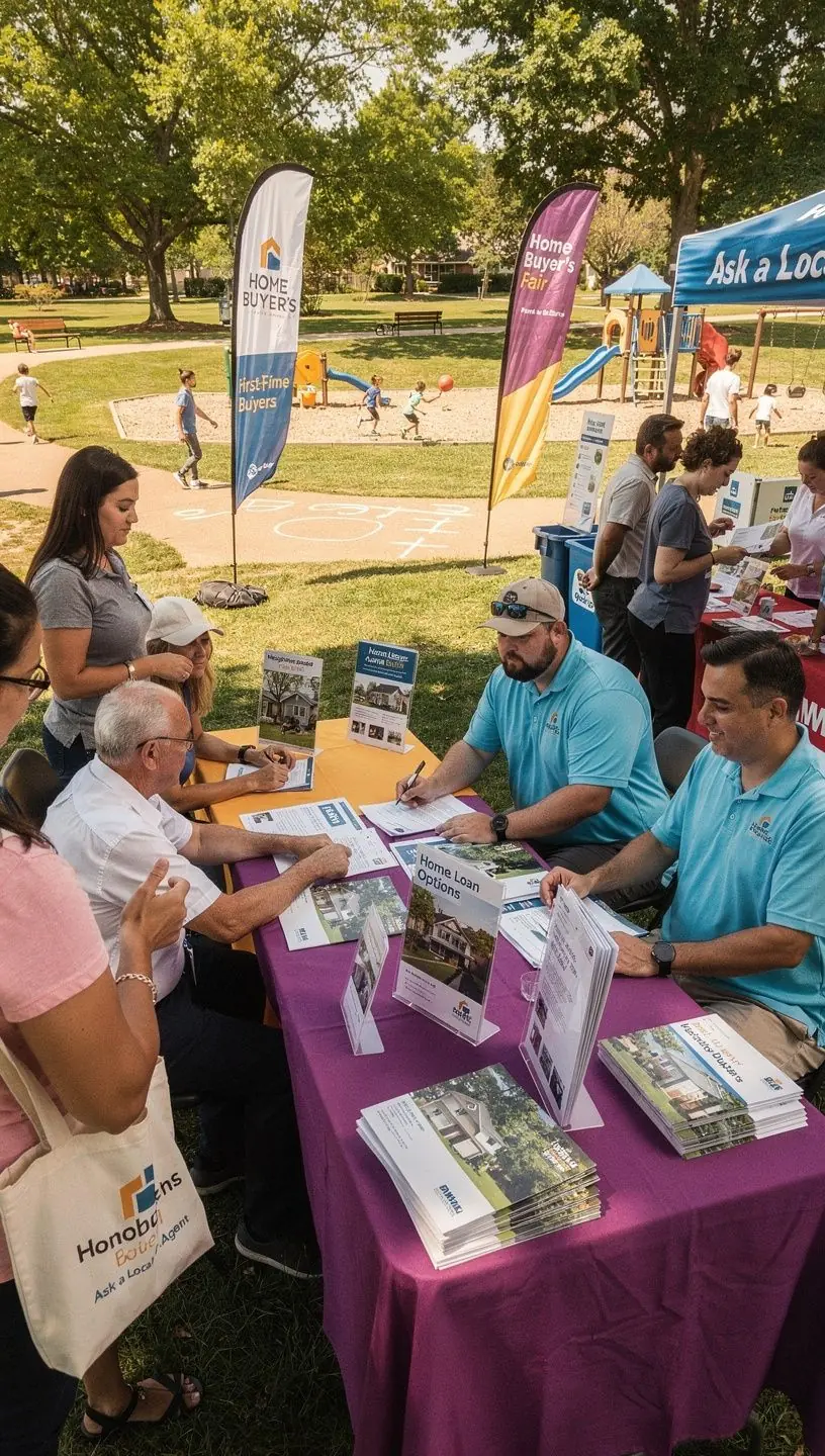 Специалист по недвижимости, объясняющий процесс покупки жилья клиентам в офисе.