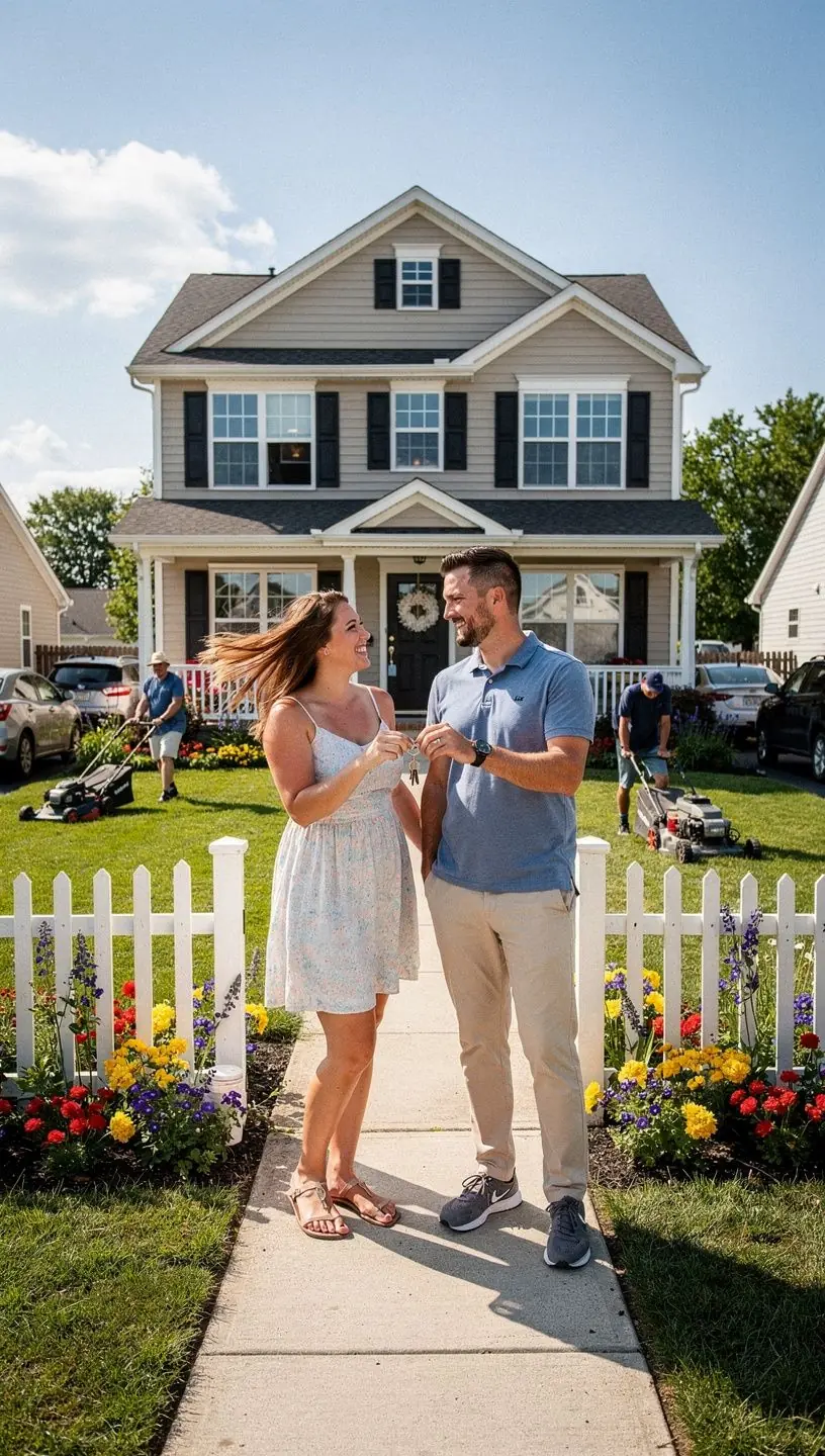 Изображение уютного дома с зеленым двором и чистым небом.