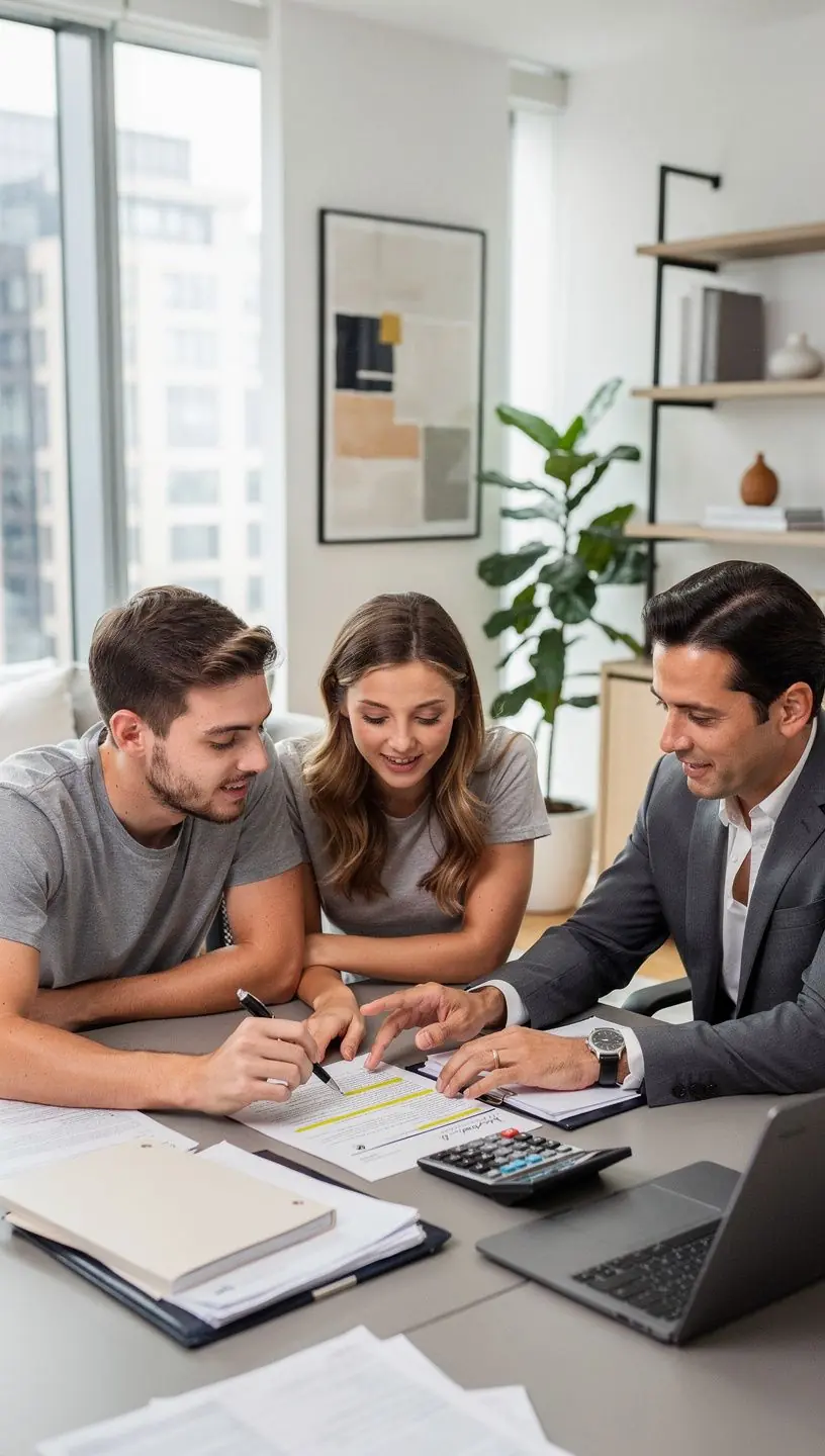 Изображение счастливой семьи, стоящей перед новым домом с ключами в руках.