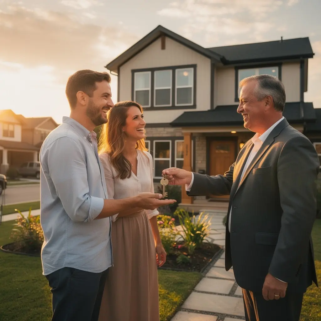 Счастливая семья, стоящая перед своим новым домом с ключами в руках.